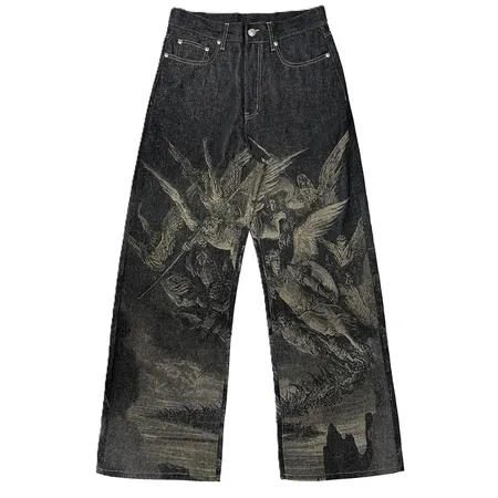 WANNA LAB Angel Print Raw Denim Baggy Jeans product photo